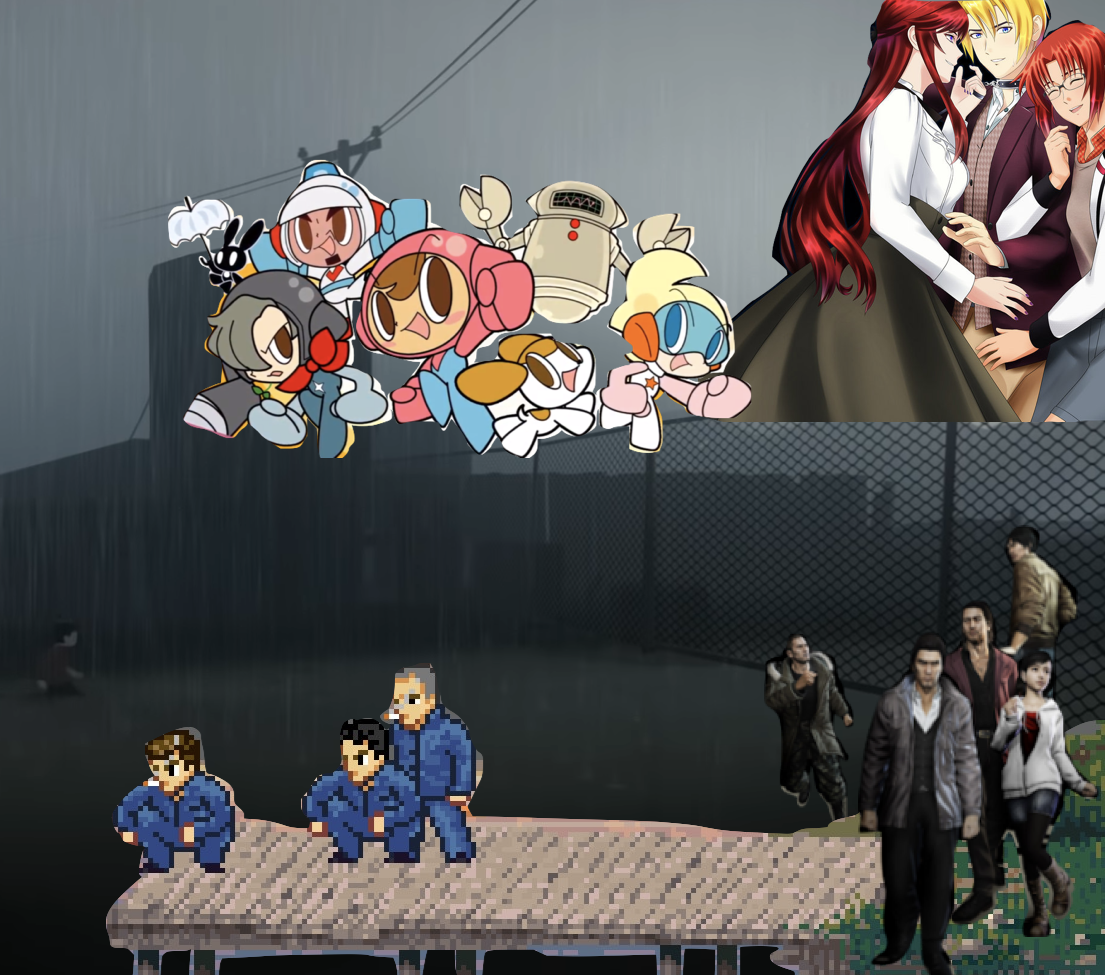 A collage featuring Ringo Ishikawa and friends together with the main casts of Mr. Driller DrillLand, Ladykiller in a Bind, and Yakuza 5, all set against the backdrop of Playdead's Inside