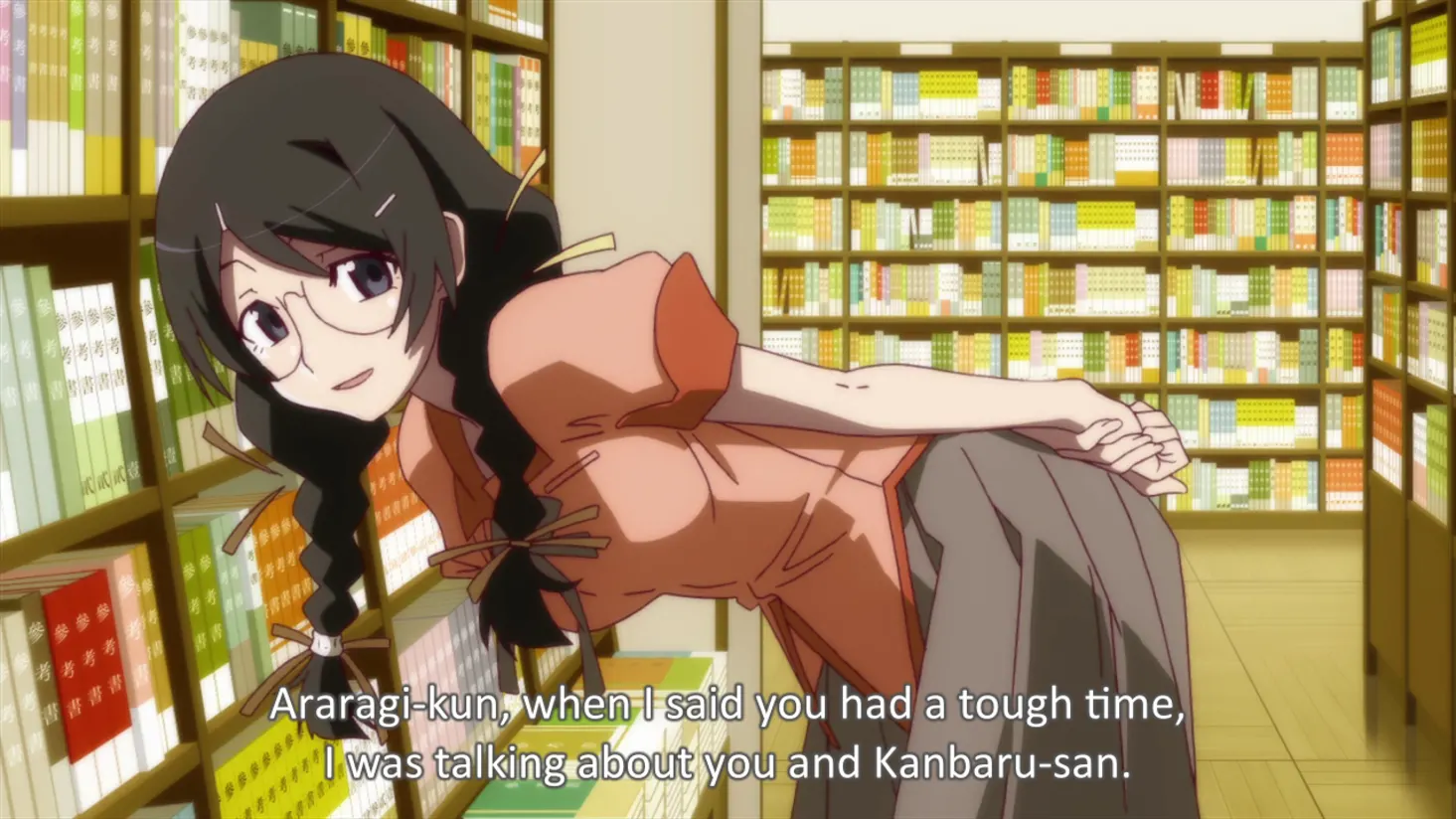 Never a story to miss a fetish, Bakemonogatari makes time for bookish Tsubasa to be objectified especially for all you librarian fantasists out there.
