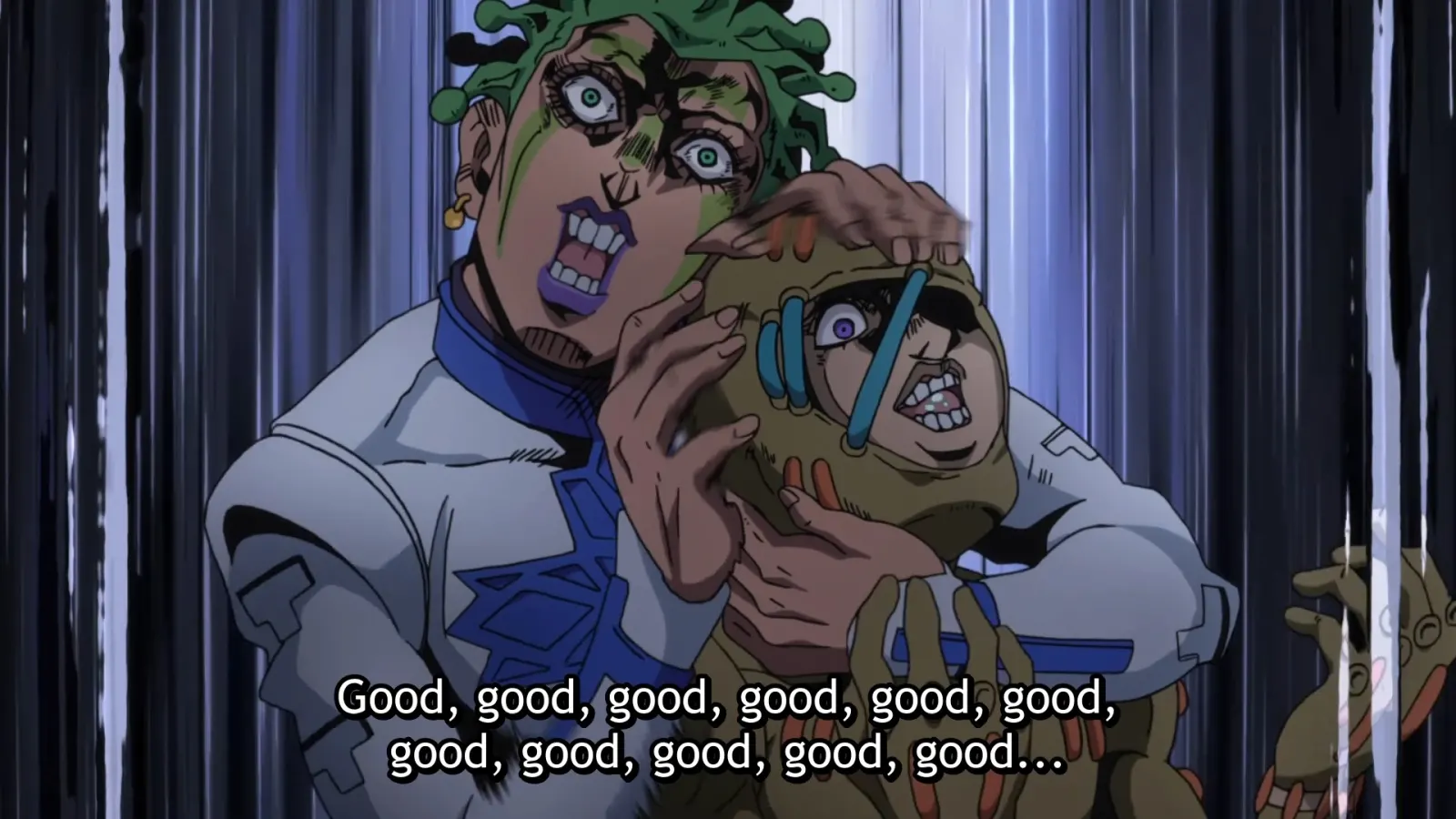 Standard JOJO’s insanity with larger-than-life bad guys... stroking each other.