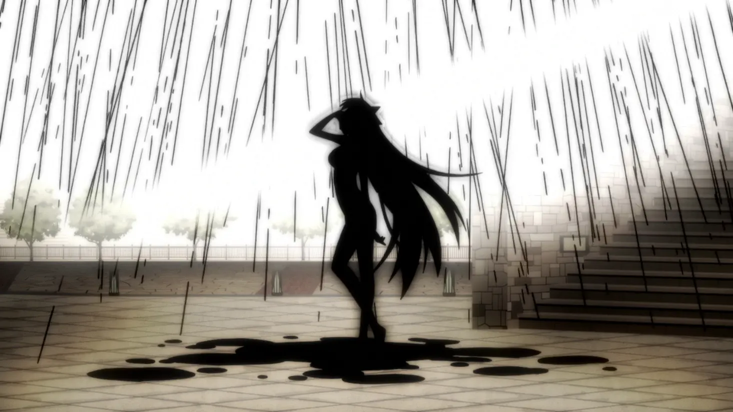 Shapely cat-girl bathes in a rain of blood. Totally normal behaviour.