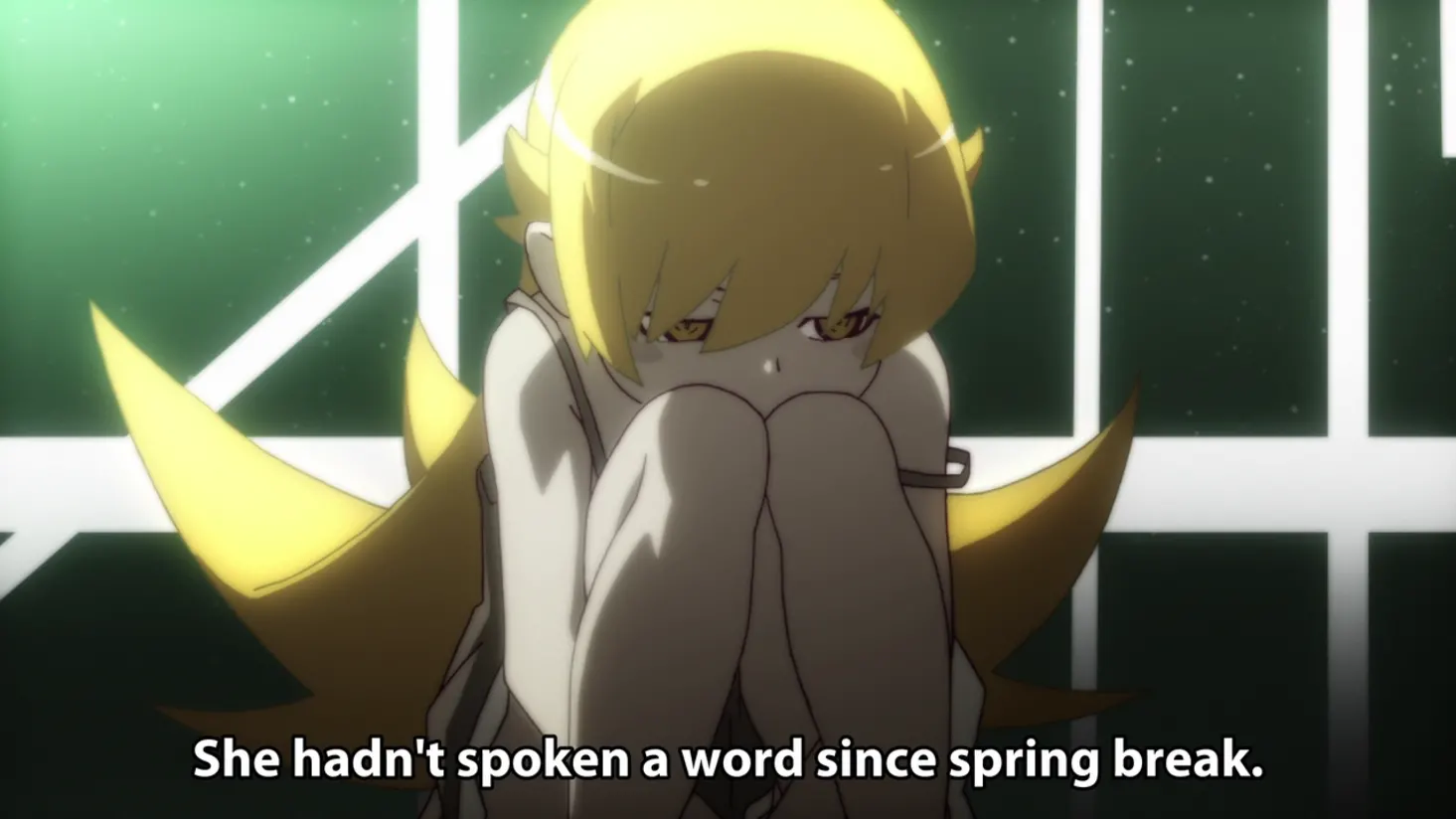 Shinobu is in a huff, but the show has not yet satisfactorily explained exactly why she is in this situation.