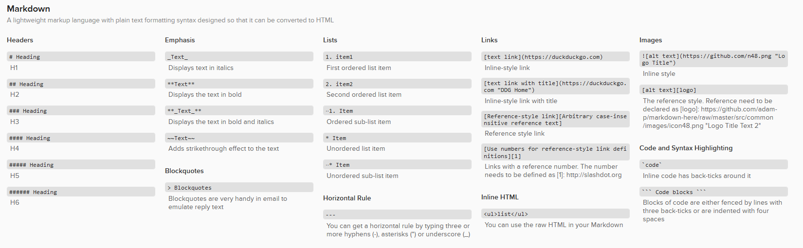 A quick user guide/cheatsheet for common use markdown syntax