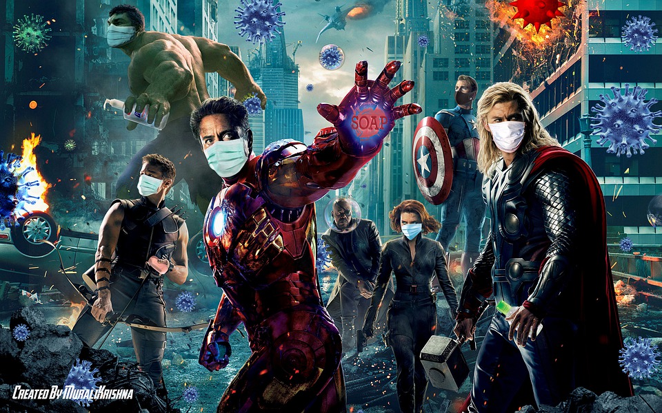The Avengers in an action packed scene wearing face masks