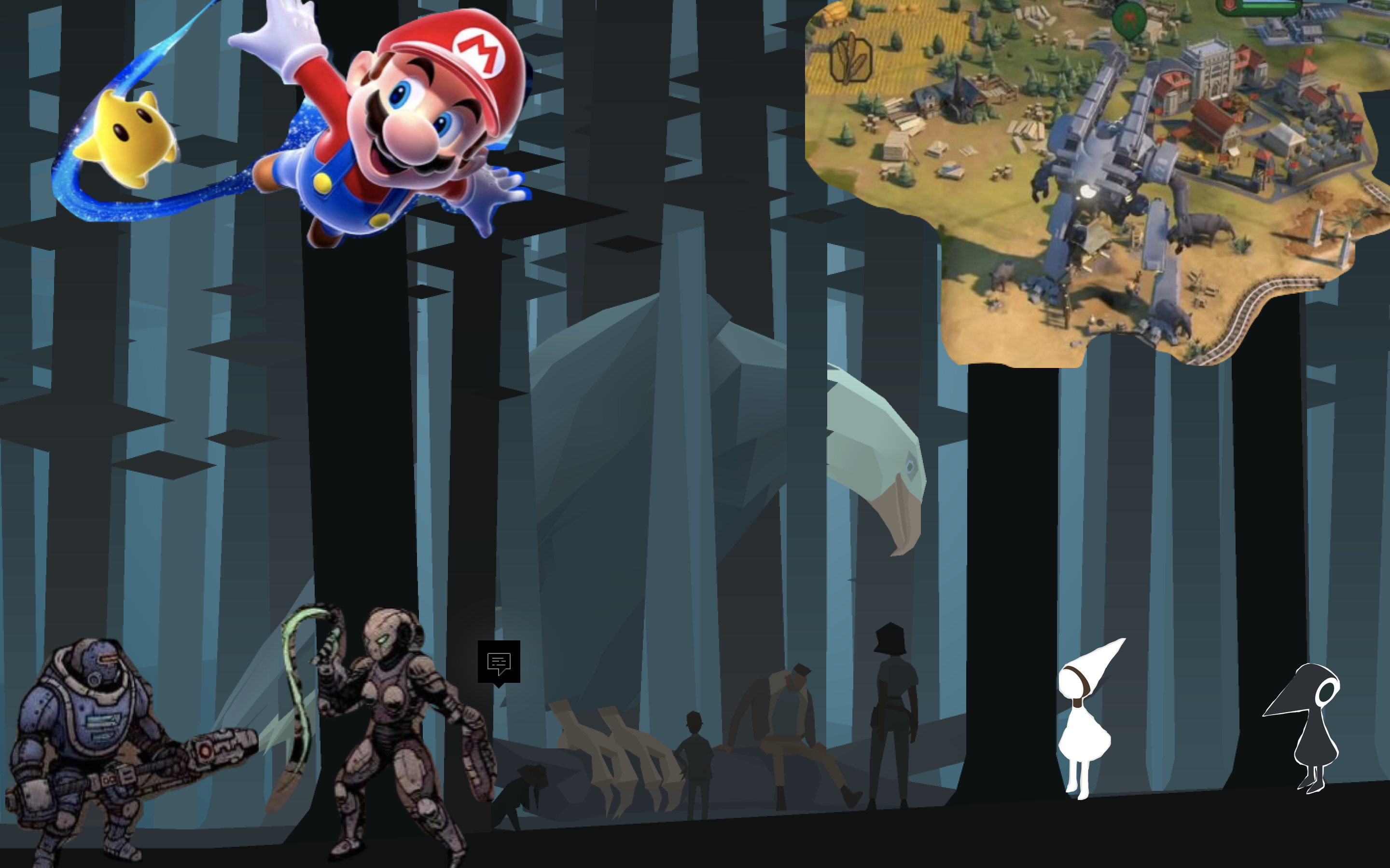 A collage with Mario and Luma, Civilization's Giant Death Robot, fighters from Deep Sky Derelicts, and Ida and Crow from Monument Valley, all against a background from Kentucky Route Zero Act II