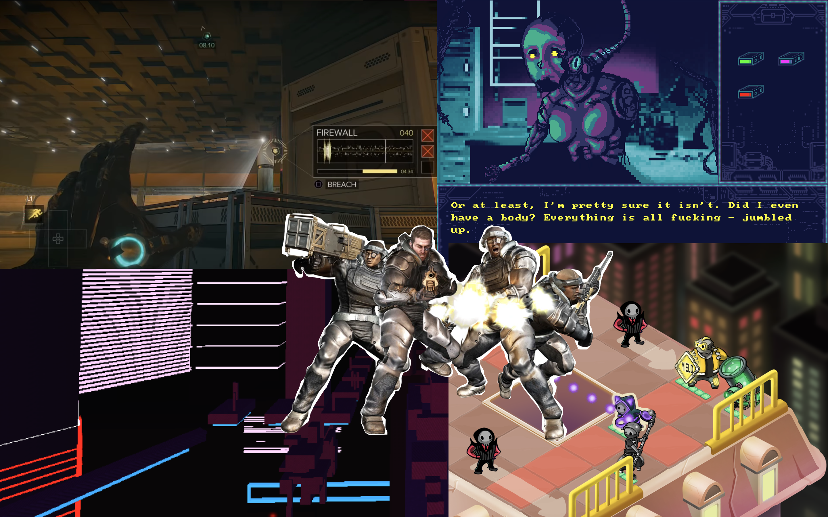 A collage of screenshots from LOCALHOST, End of the Skyline, Time Crisis Razing Storm, Deus Ex System Rift, and Condor