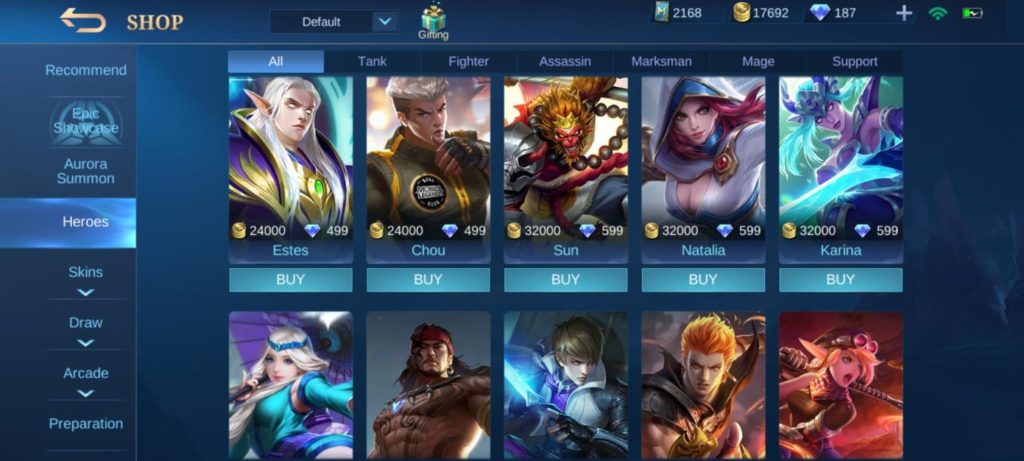 A screenshot of hero prices for mobile legends bang bang