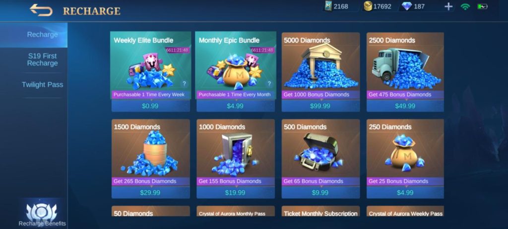 A screenshot of the available purchase options for in game currency of mobile legends bang bang
