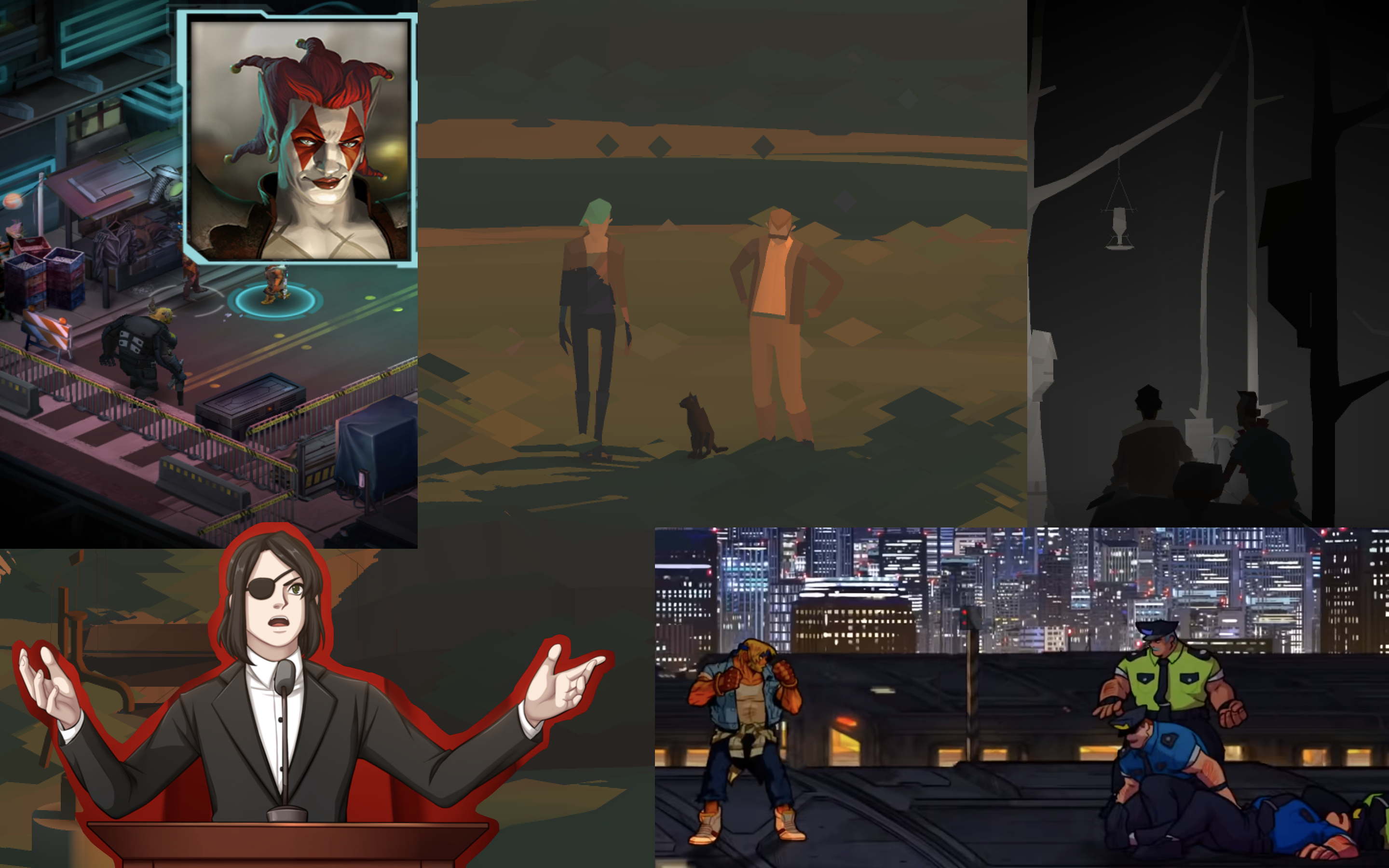 A collage of images from Kentucky Route Zero, Blind Men, Shadowrun Returns, and Streets of Rage 4