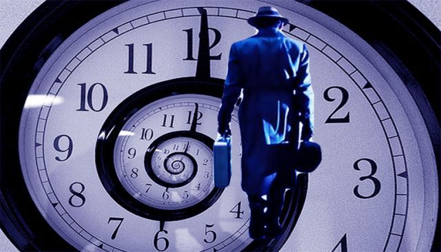 A man in a coat walking towards a clock where the numbers are forming a spiral