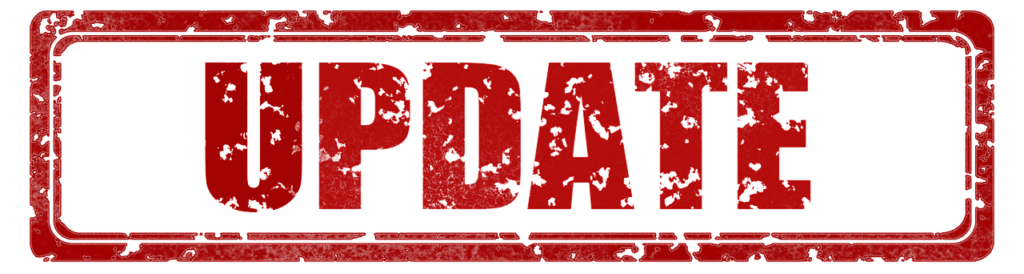Red distressed text which reads UPDATE surrounded by a similar style box