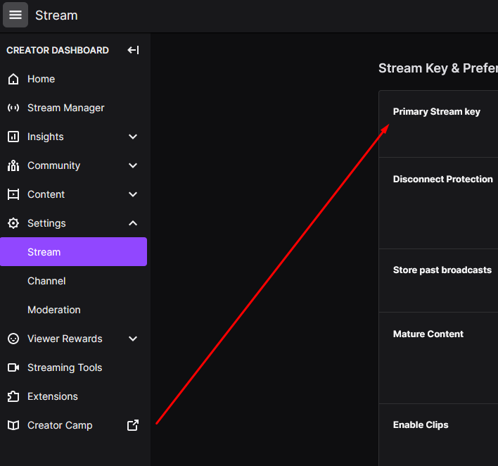location of the primary stream key in twitch