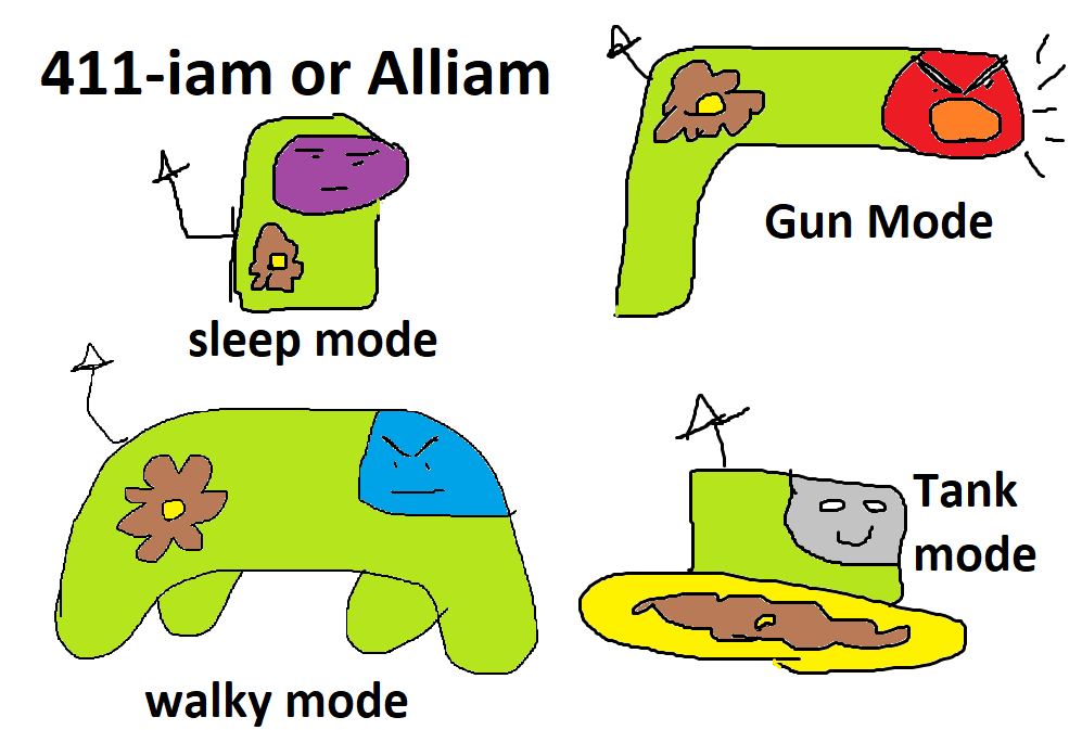 Image of Alliam and some of his modes. Sleep, Walky, Gun, and Tank