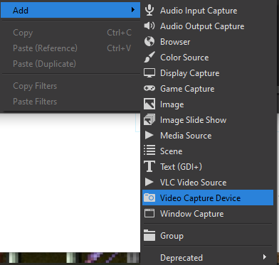 A screenshot of OBS demonstrating the menu item "add new video capture device"