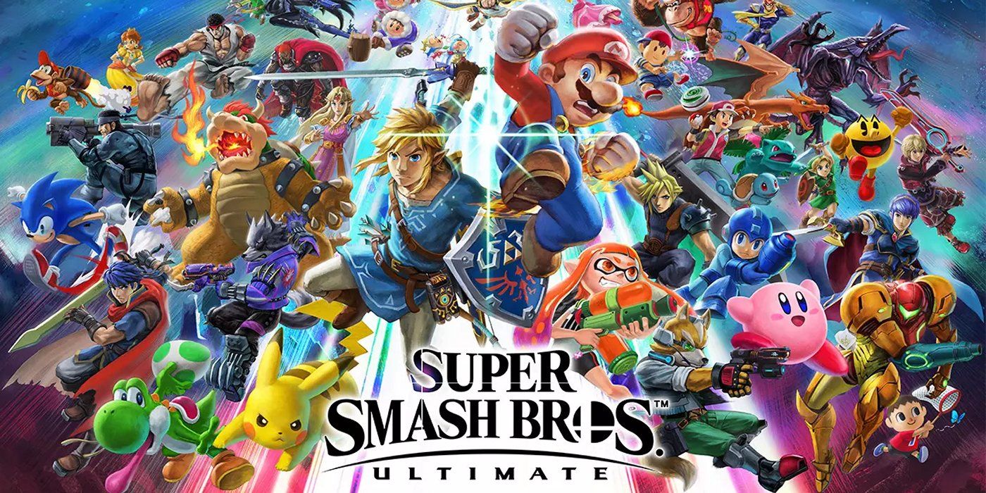 super smash brothers brawl poster with many of the character roster present in a dynamic scene.