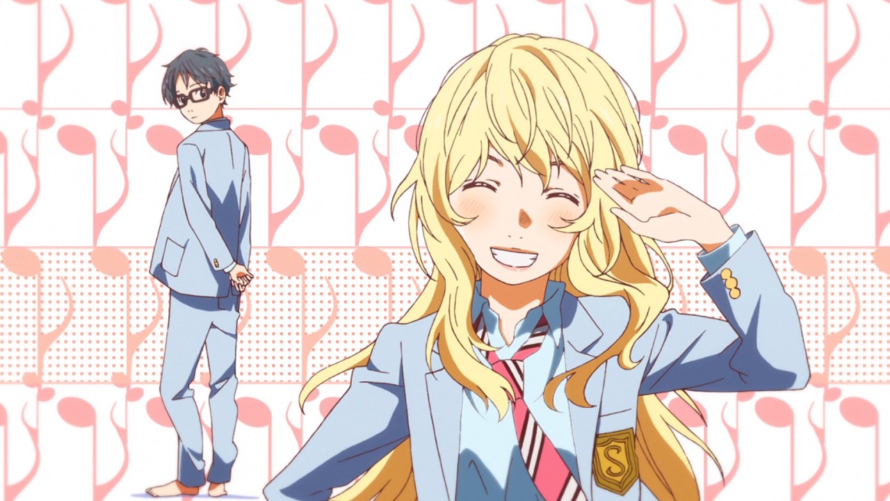 Screenshot from the first opening theme of Your lie in April, featuring Kousei and Kaori