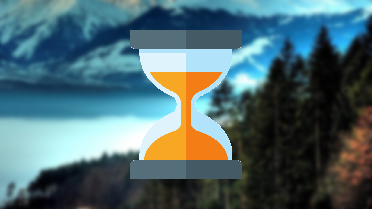 Drawing of an hourglass in front of a blurred forest and snowy mountain background