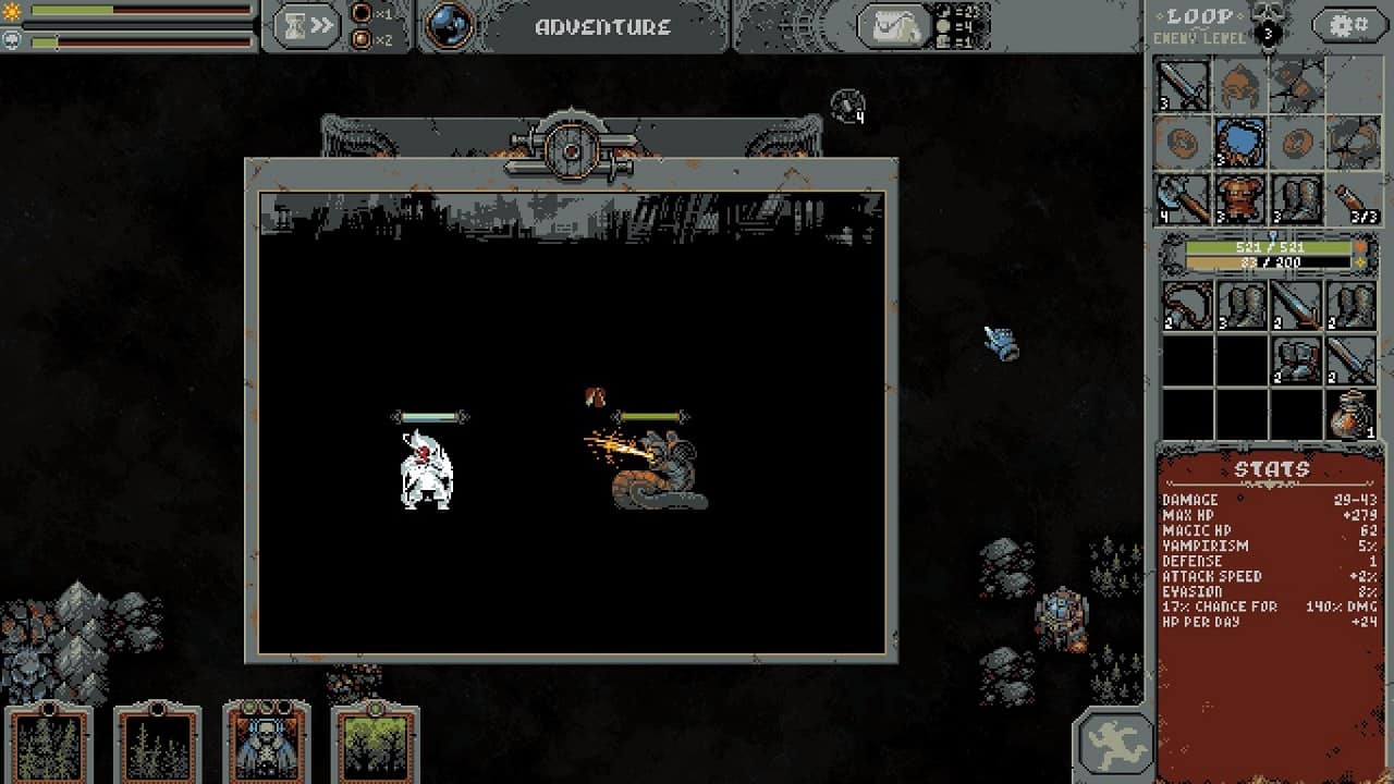 Screenshot from Loop Hero, featuring the Rogue fighting a Scorch Worm