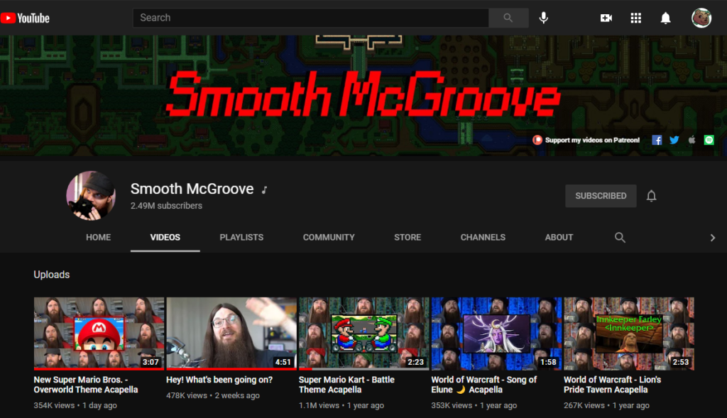 Image of Youtube landing page for Smooth McGroove