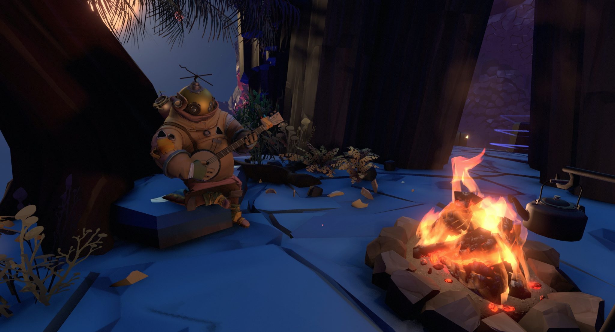 A spaceman plays banjo at a campfire. Expresses the mood of the game.