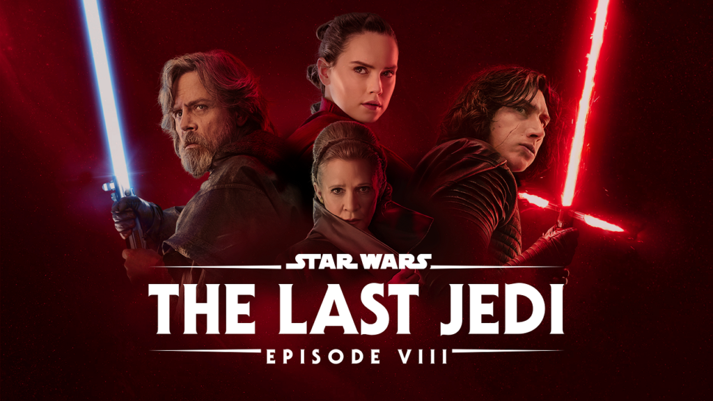 Thumbnail for Star Wars: The Last Jedi, featuring Luke (left), Rey (top center), Leia (bottom center), and Kylo Ren (right)