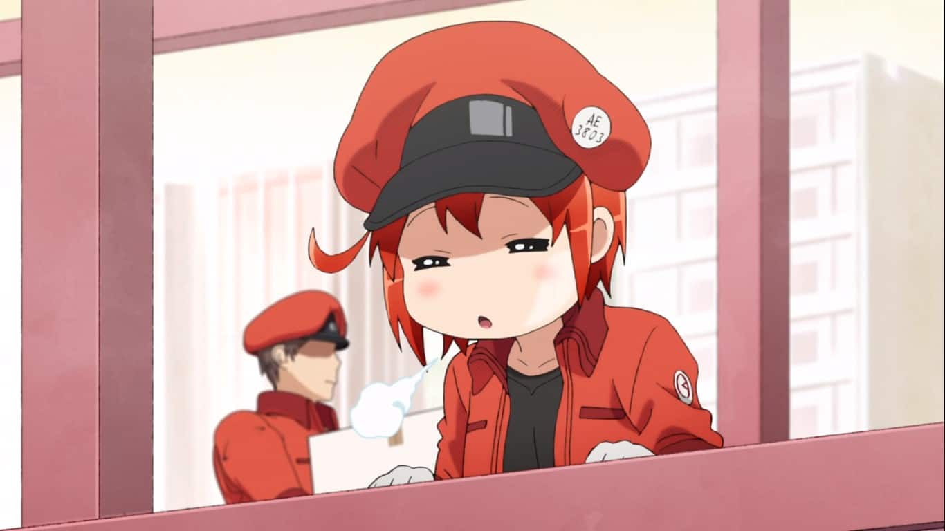 Red Blood Cell AE3803 from Cells at Work!, exhaling a little cloud of smoke as a sigh of relief