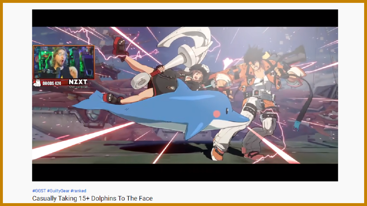 Sol Badguy losing a round to May as he takes a dolphin to the face, while Maximilian Dood watches