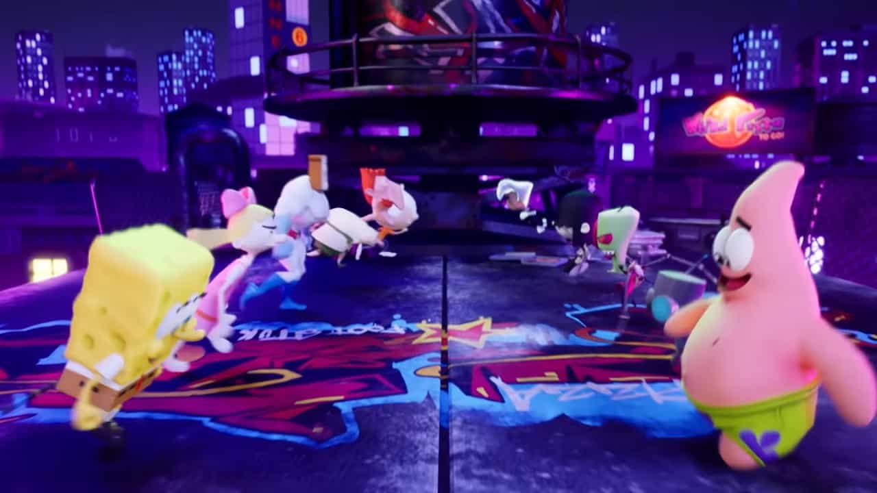Screenshot from the Nickelodeon All-Star Brawl Trailer, showing SpongeBob, Helga, Powdered Toast Man, Nigel Thornberry, and Lincoln Loud on the left running into Patrick, GIR, Invader Zim, Lucy Loud, and Danny Phantom on the right