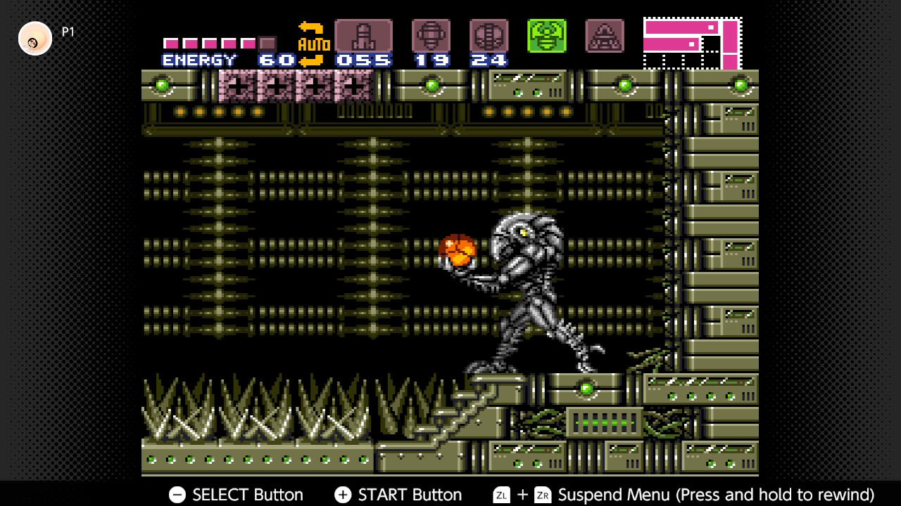 A scene from Super Metroid, in which a chozo statue carries Samus, in her morph ball form.