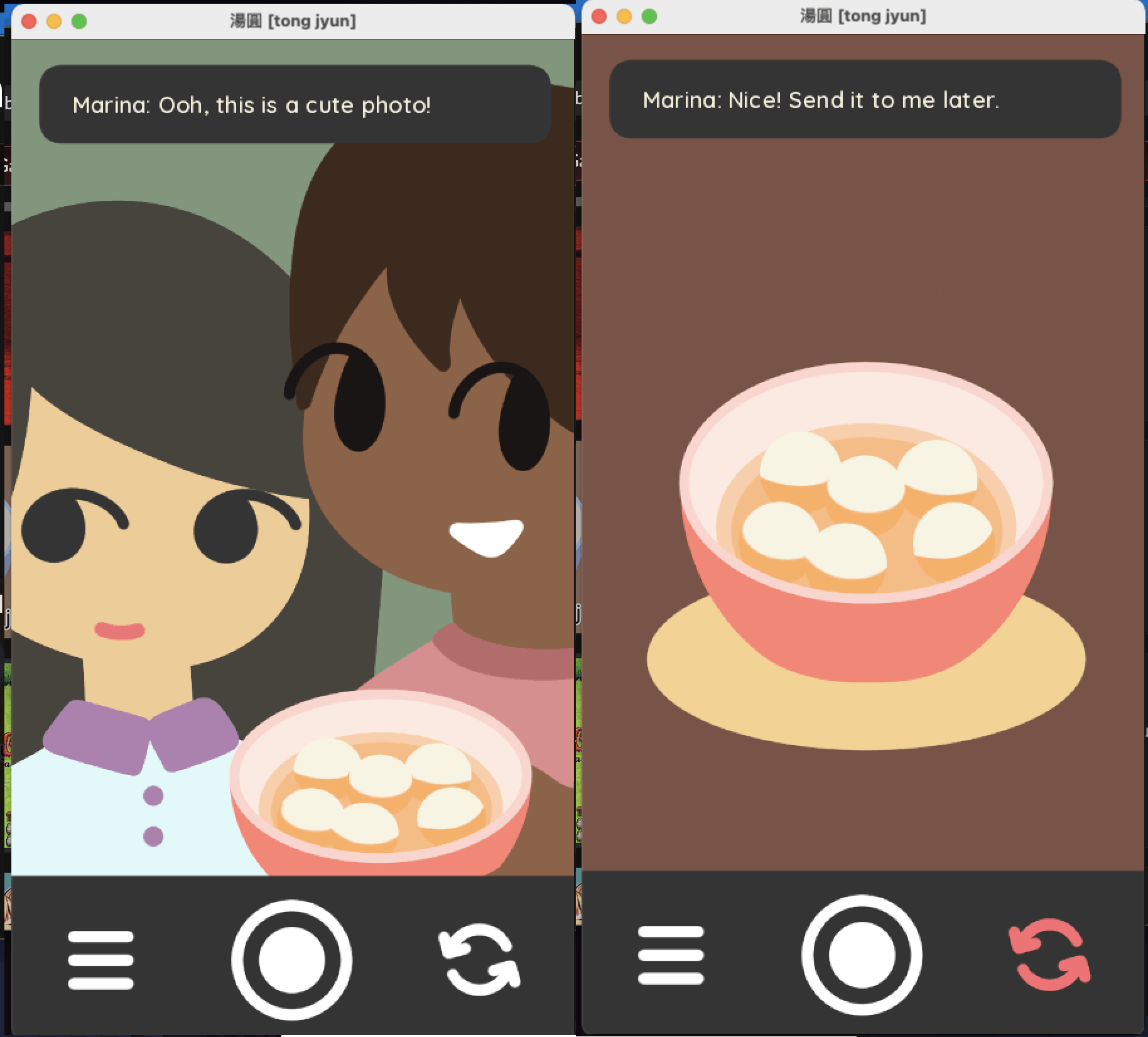 Simulated inside of a phone's camera app, two photos from the game 湯圓 [tong jyun]. One shows a couple holding a bowl of that dessert, the other is the bowl itself.
