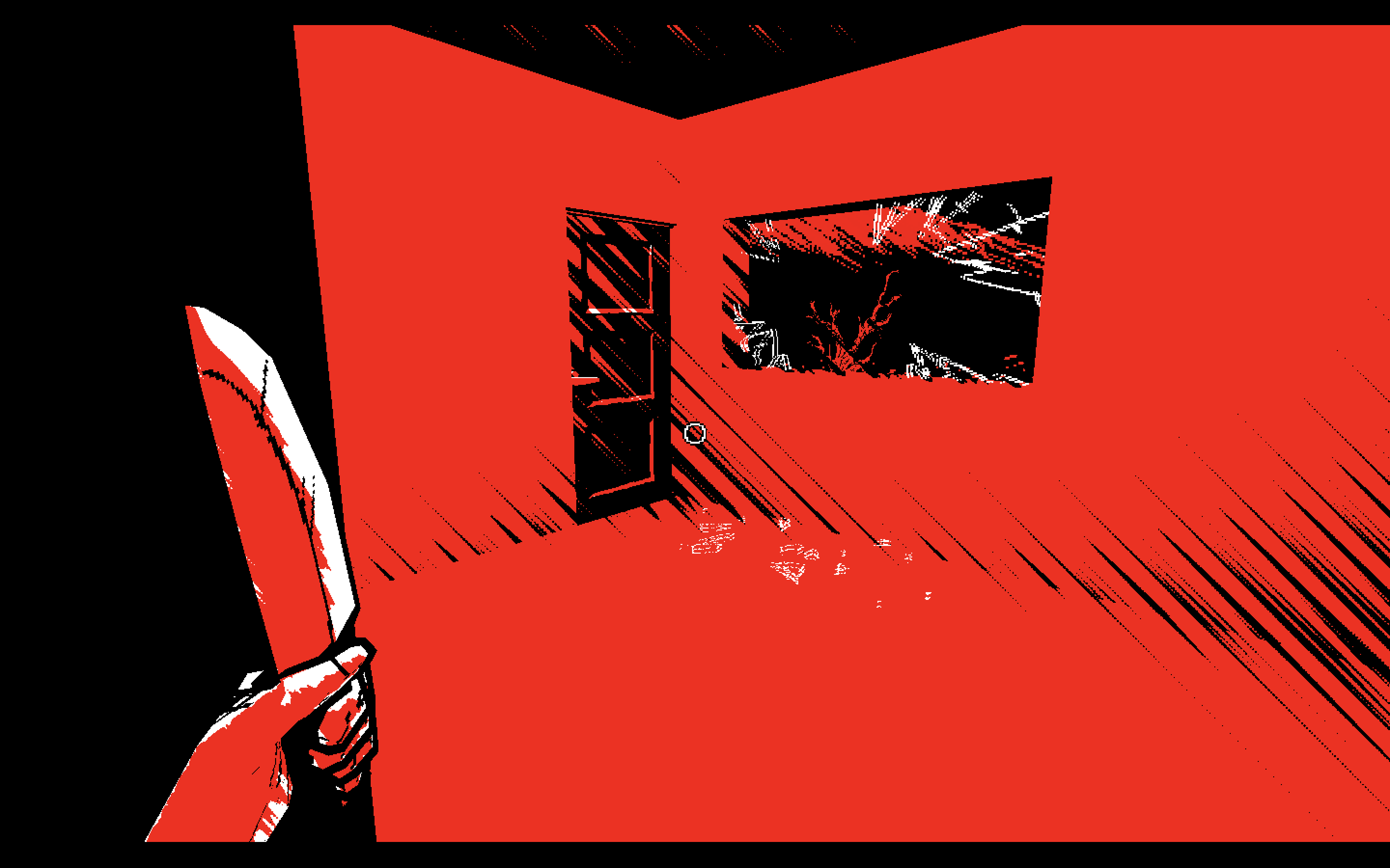 A screesnhot from the game Veinless Property, depicting a knife raised in first-person perspective and a broken window in the foreground. All in high-contrast red, black, and white.