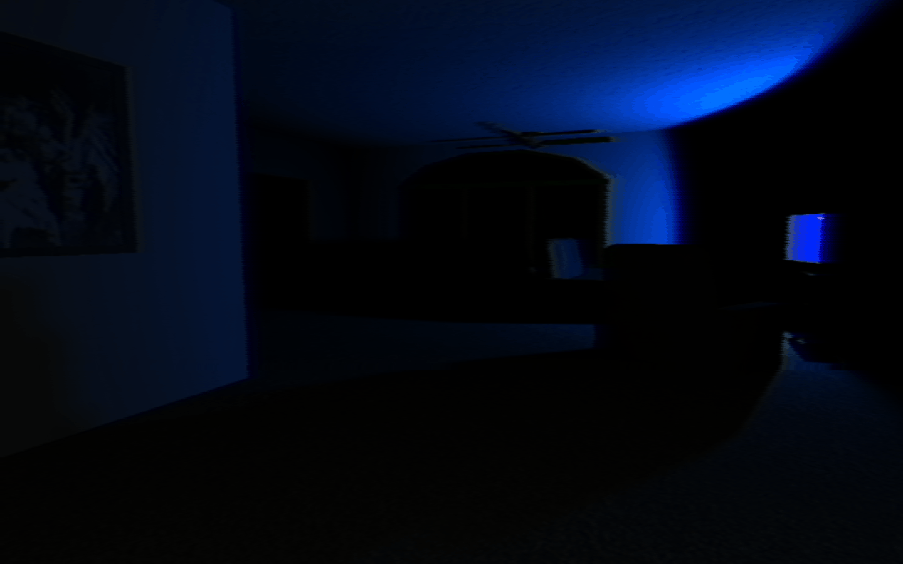 A living room lit by the cold blue light of a CRT in Anatomy