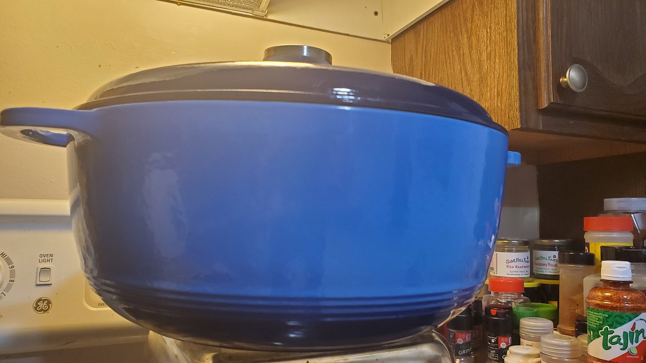 The RedStripe118 household's blue enamel Dutch oven