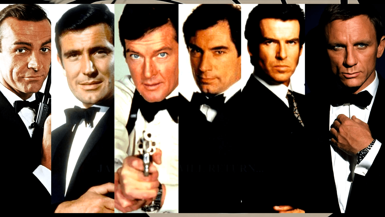 The actors who have played James Bond, from left to right: Sean Connery, George Lazenby, Roger Moore, Timothy Dalton, Pierce Brosnan, and Daniel Craig