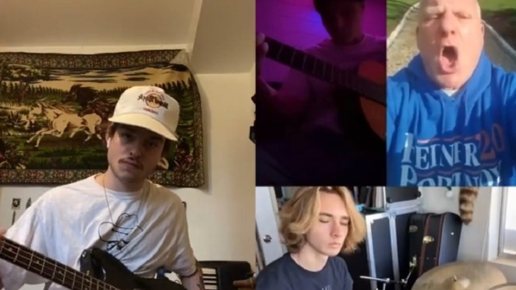In clockwise order starting from the left: the bassist, acoustic guitarist, "singer," and drummer in ilovehashbrowns11's NOTHING IS HERE!!! TikTok