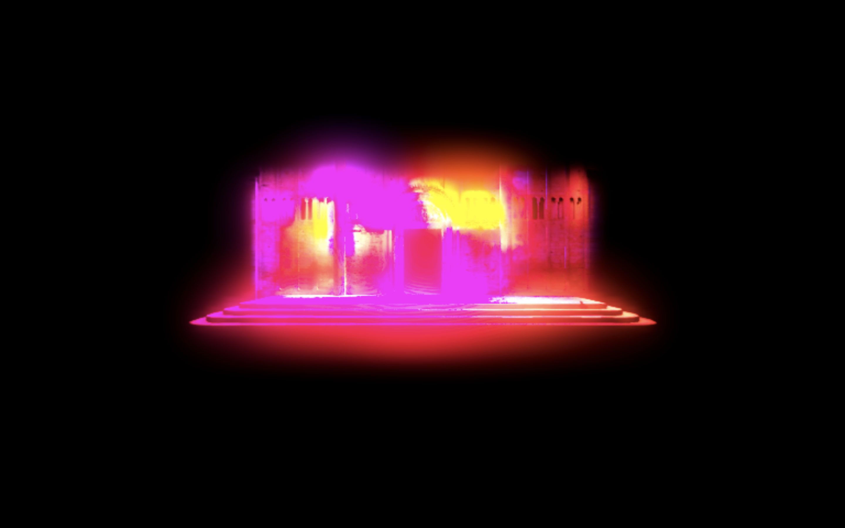 A colorful, visually glitched render of a building in Promesa.