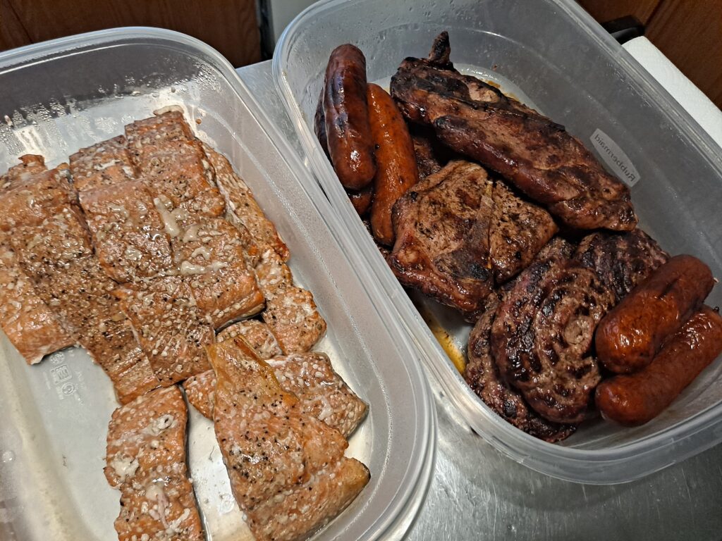 Image of grilled salmon and other Barbequed meats