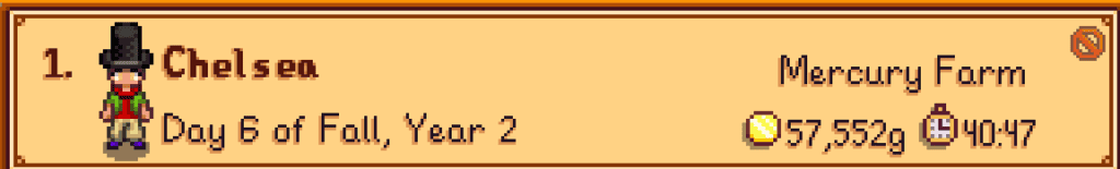 Image of Stardew Valley Save file, Fall 6, Year 2, Chelsea, Mercury Farm, 57K Gold, and at about 41 hours of gameplay.